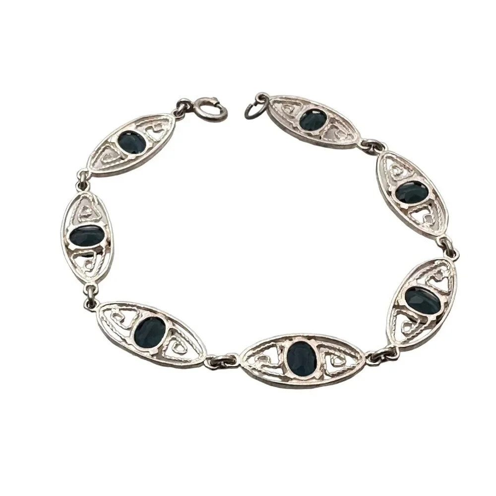 Sterling Silver Womens Bracelet Estate Vintage Blue Glass Stone Filigree